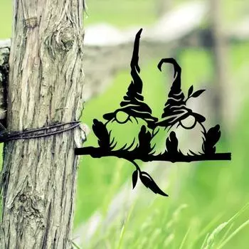 1 шт. Металлическая ветка с 2 гномами и грибами – художественное украшение для сада, дерева и открытых пространств. Идеальный подарок для сада. бежевый