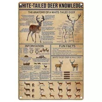 1pc Metal Tin Signs White-Tailed Deer Knowledge Hunting Knowledge Poster Farmhouse Farm Home Kitchen Club Wall Decor 8x12 Inches чёрный