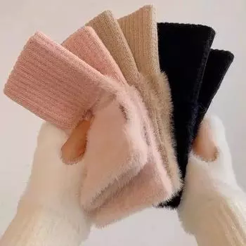 1Pc Mink Fleece Soft Winter Half Finger Gloves Women Warm Luxury Solid White Plush Knitted Fingerless Gloves Wrist Mittens Writtingc