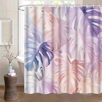 1pc Monstera Leaf Print Shower Curtain - Tropical Pink & Purple Polyester Bathroom Decor with 12 Hooks, Machine Washable 90x180cm