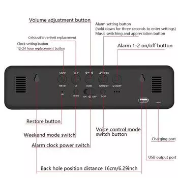 1PC multi-function LED music alarm clock, large screen mirror luminous alarm clock, time/date/temperature display on the same sc белый