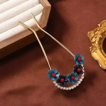 1Pc National Style Imitation Burnt Blue Small Flower Big U Hairpin Small Pearl Broken Flower Ball Head Versatile Hanfu Headdress Hairpin