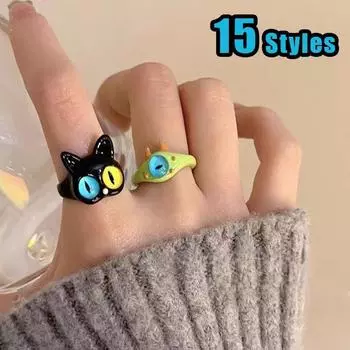 1PC New Cute Green Monster Rings Women Fashion Sweet Two Color Cat Eyes Open Couple Ring Wedding Finger Accessories Jewelry Resizable
