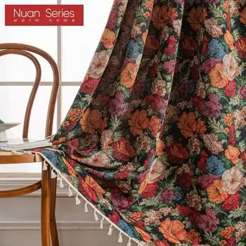 1PC Nuan Series 40-70% Blackout Retro Countryside Style Floral Pattern Fringe Edge Curtains for Small Window Bedroom Living Room Balcony Home Decor W150cm x L160cm