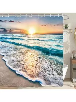 1pc Ocean Sunset Shower Curtain - Vibrant Beach Scene Print, Perfect for Coastal Bathrooms, Ocean Scene Design W90xH180cm