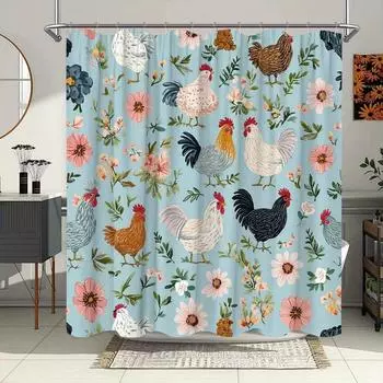 1pc Pastel Farm Life Shower Curtain - Soft Repeating Animal & Flower Pattern, Whimsical Watercolor Style, Blue Background, 90x180cm