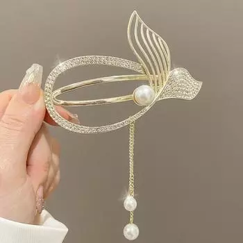 1Pc Pearl Rhinestone Oval Fishtail Twist Clip Back Head Hair Ponytail Clip Advanced Sense Fringed Hairpin Headgear Temperament