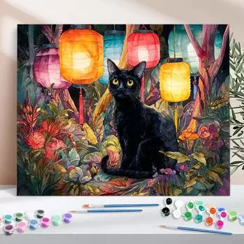 1pc Picture With Numbers Lantern Cat Painting Art On Canvas Crafts By Numbers Unique Diy Gift For Home Decor 40x50cm/16x20inch Without Frame 40x50cm NO Frame