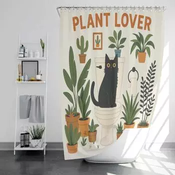 1PC Plants and cat pattern printed shower curtain, funny style, waterproof, with 12 hooks, bathroom showers, bathtub, home use 90x180cm