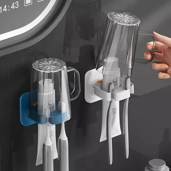 1PC Plastic Non-punch Toothbrush Holder Includes a Mouthwash Cup, Wall-mounted Mouthwash Holder for Bathroom Use светло-зеленый