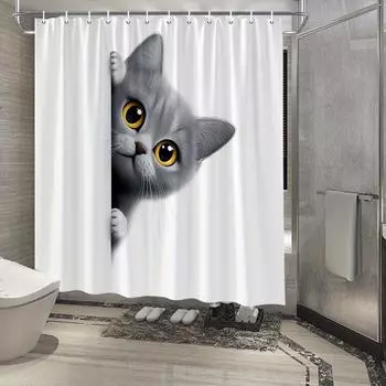 1pc Playful Grey Kitten Shower Curtain with Amber Eyes, Polyester Fabric, Curious Peeking Cat Design, Includes 12 Hooks, 90x180cm