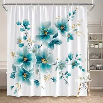 1pc Polyester shower curtain Blue and teal watercolor floral pattern With hooks Machine washable Stylish bathroom decor 90x180cm