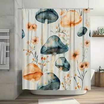 1pc Polyester Shower Curtain - Pastel Teal Mushrooms, 71x71 Inch, Cartoon Pattern, 12 Hooks, Hand Wash, Summer Bathroom Decor W90xH180cm