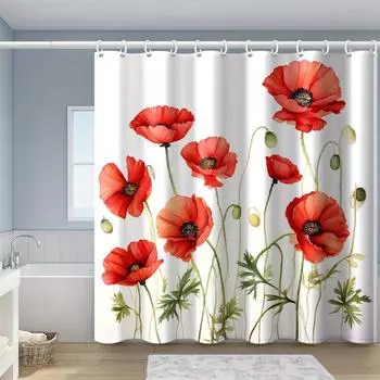 1pc Poppy Flower Sea Oil Painting Plant Print Shower Curtain Waterproof Polyester Fabric with Hooks Wall Bathtub Bathroom Decor 180x180cm