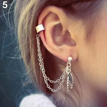 1Pc Punk Tassels Chain Leaf Fish Cross Charms Ear Stud Cuff Earring Jewelry Gift ADM серебряный