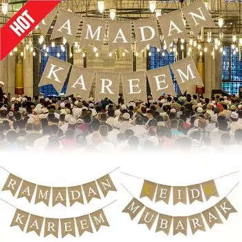 1Pc Ramadan Kareem Eid Mubarak Banner Bunting Decoration Muslim Islamic Home Decor A