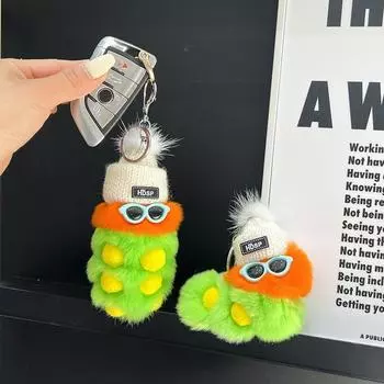 1PC Real Otter Rabbit Fur Plush Doll Car Keychain New Bag Charm Cute Caterpillar Pendant Ugly Cute Multicolour