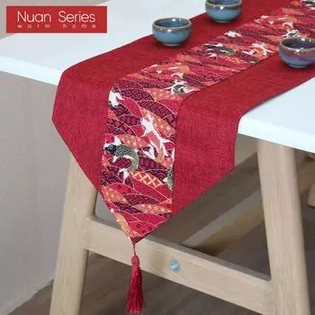 1PC Red Chinese Style Festive Retro Cotton and Linen Printed Table Runner for Dining Table Coffee Table Home Decor Nuan Series W32cm x L120cm