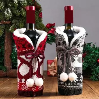 1PC Red Wine Beer Champagen Cover Knitting Wool Christmas Wine Bottle Cover Knitted Sweaters Home Festival Table Decoration 23x12cm серый