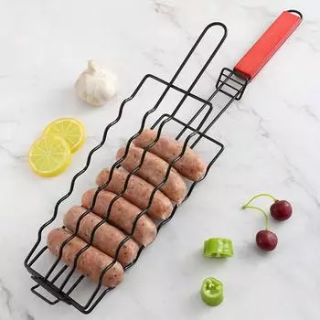 1pc Removable Hot Dog Grill With Wooden Handle Sausage Grill Cage Grill Basket Grill Accessories Portable Outdoor BBQ Rack чёрный