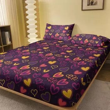 1Pc Ring Heart Cover Pattern Brushed Fitted Sheet, Bedroom Printed Bedspread, Bedding (Not Include Pillowcase) 71x132cm