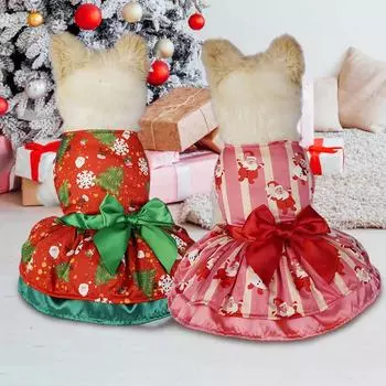 1PC Small Dog Clothes Xmas Tree Printed Dog Dresses Santa Claus Princess Dress Fancy Polyester Bowknot Christmas Cosplay Elk M