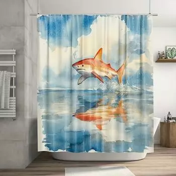 1pc Small Fish with Shark Fin Darting Through the Water with a Summer decor Shower Curtain Bathroom Decoration Includes Shower 90x180cm