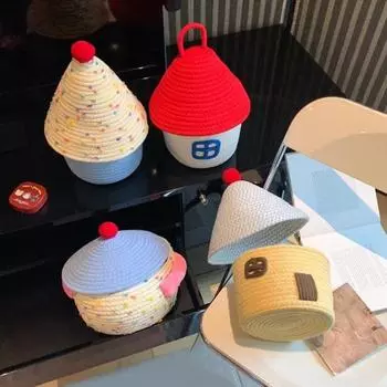 1PC Small House Containers INS With Lid Home Storage Cotton Rope Braid Baskets Bohemian 5 Styles