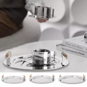 1PC Stainless Steel Scandinavian Wooden Handle Ins Wind Electroplating Color Decoration Put Tea Cup Tray Round Tray