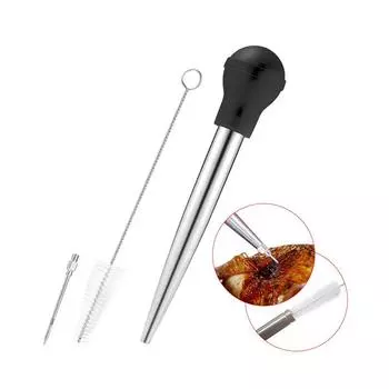 1Pc Stainless steel spice turkey needle silicone turkey spice pump barbecue tool silicone oil suction tube чёрный