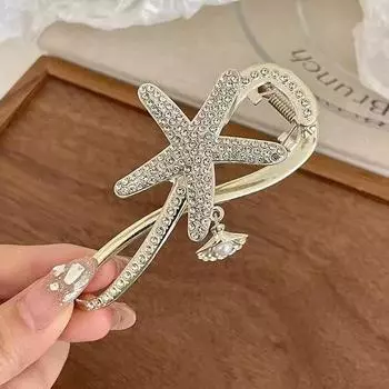 1pc starfish rhinestone shell imitation pearl alloy twist clip, new fashion and simple hair ornament, suitable for daily wear