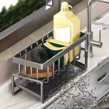 1pc Стеллаж для хранения кухонной раковины, Стеллаж для хранения туалета, Держатель губки для кухонного крана, Стеллаж для хранения раковины, Сливная полка для губки, серый