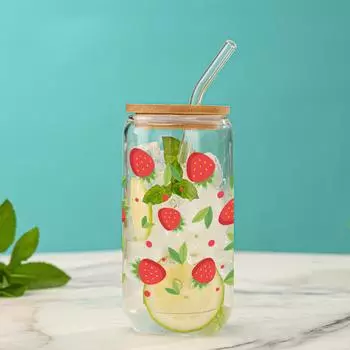 1Pc Strawberry Lemon Watermelon 3D Print Pattern Sublimation Glass Straw Juice Glass Bottle With Bamboo Cover Suitable For Gifts 16oz