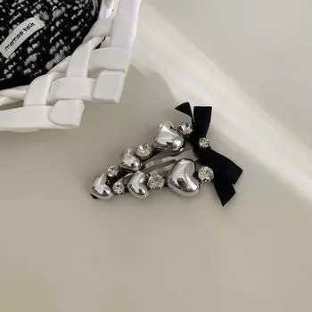 1pc Stylish and stylish silver heavy industry heart-shaped temperament black bow hair clip BB clip hair clip new hair accessory