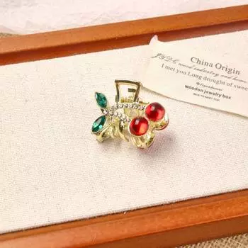 1pc Sweet Cute Cherry Metal Hair Clip Exquisite Lace-up Rhinestone Bangs Duckbill Clip Side Clip for Girls