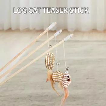 1PC Teaser Feather Toys Funny Bell Mouse Wooden Stick Cat Teaser Pet Interactive Boredom Relief Toy