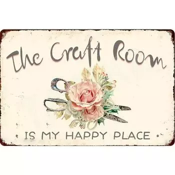 1pc The Craft Room Is My Happy Place Classic Art Deco Metal Aluminum Sign - Distressed Finish, Wall Hanging, Multipurpose Decor чёрный