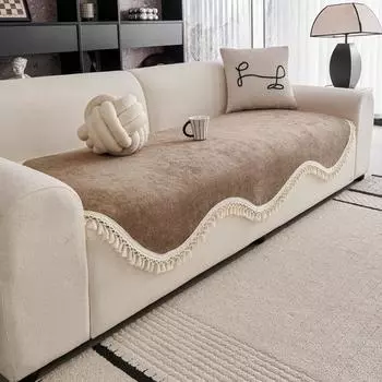 1pc Thick Classic Twill Chenille Non-Slip Sofa Cover Unique Curved Shaped with Tassels Heavy Sofa Towel Decoration Washable 90*90cm
