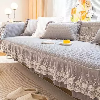 1PC Thicken Cotton Sofa Seat Cover with Lace Embroidery Sofa Cushion Mat Living Room Couch Slipcover Furniture Protector Decor A 70x70