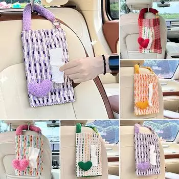 1Pc Tissue Box High Capacity Love Weaving Multifunctional Paper Hanging Bag Car Accessories Cartoon Style Car Accessories