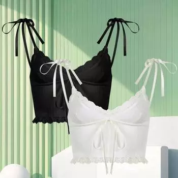 1PC трикотажные майки кружевная отделка укороченный топ жилет хлопок короткие топы милые спинки женщины повседневные белый