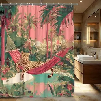 1pc Tropical Jungle Shower Curtain with Golden Leopard in Red Hammock - Vibrant Polyester Fabric 70x70 Inches, Includes 12 Hooks W90xH180cm