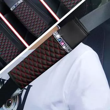 1Pc Universal Car Leather Diamond Rhinestone Seat Belt Cover Breathable Braided Plaid Auto Shoulder Protector Car Accessories чёрный