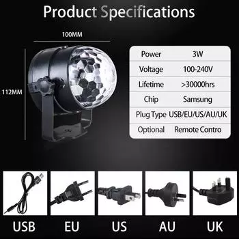 1pc USB Disco Magic Ball Party Magic Ball Mini Rotating Sound Control Stage Light 7-color Disco Christmas Atmosphere Projection