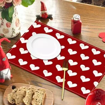 1Pc Valentine s Day Party Supplies Linen Material Festival Supplies Letter Printing Insulation Pad Love Pattern Red Placemat