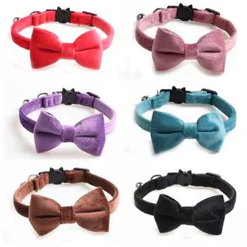 1Pc Velvet Cat Collar Bowknot Adjustable Safety Buckle Gatos Bow Tie Cat Accessories Collar for Cats with Bell Solid Color чёрный