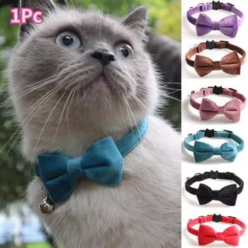 1Pc Velvet Cat Collar Bowknot Adjustable Safety Buckle Gatos Bow Tie Cat Accessories Collar for Cats with Bell Solid Color чёрный