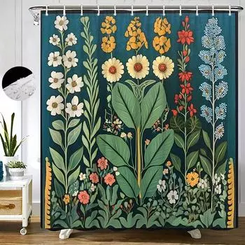 1pc Vintage Botanical Shower Curtain - Lush Green Plants with Bright Yellow, Red & Blue Flowers on Deep Teal, 70x70 Inch Polyest 90x180cm