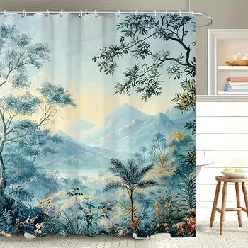 1pc Vintage Jungle Scene Shower Curtain with 12 Hooks - Majestic Mountains, Lush Foliage & Sunlit Canopy Design, 70.8x70.8 Inch 90x180cm