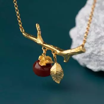 1PC Wan Persimmon Ruyi Heart Want Persimmon, Sterling Silver New Chinese Style Agate Persimmon Necklace